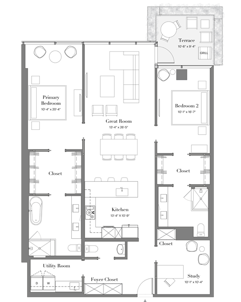 Floor plan for 2 beds, 2.5 baths, 1667 sqft